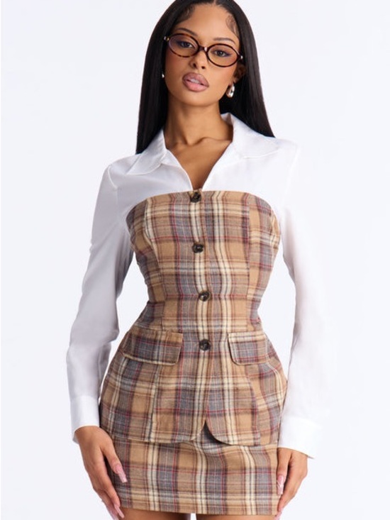 Fashion Nova Dresses & Skirts - Fashion Nova Plaid Tan & Brown Two-Piece Skirt Set